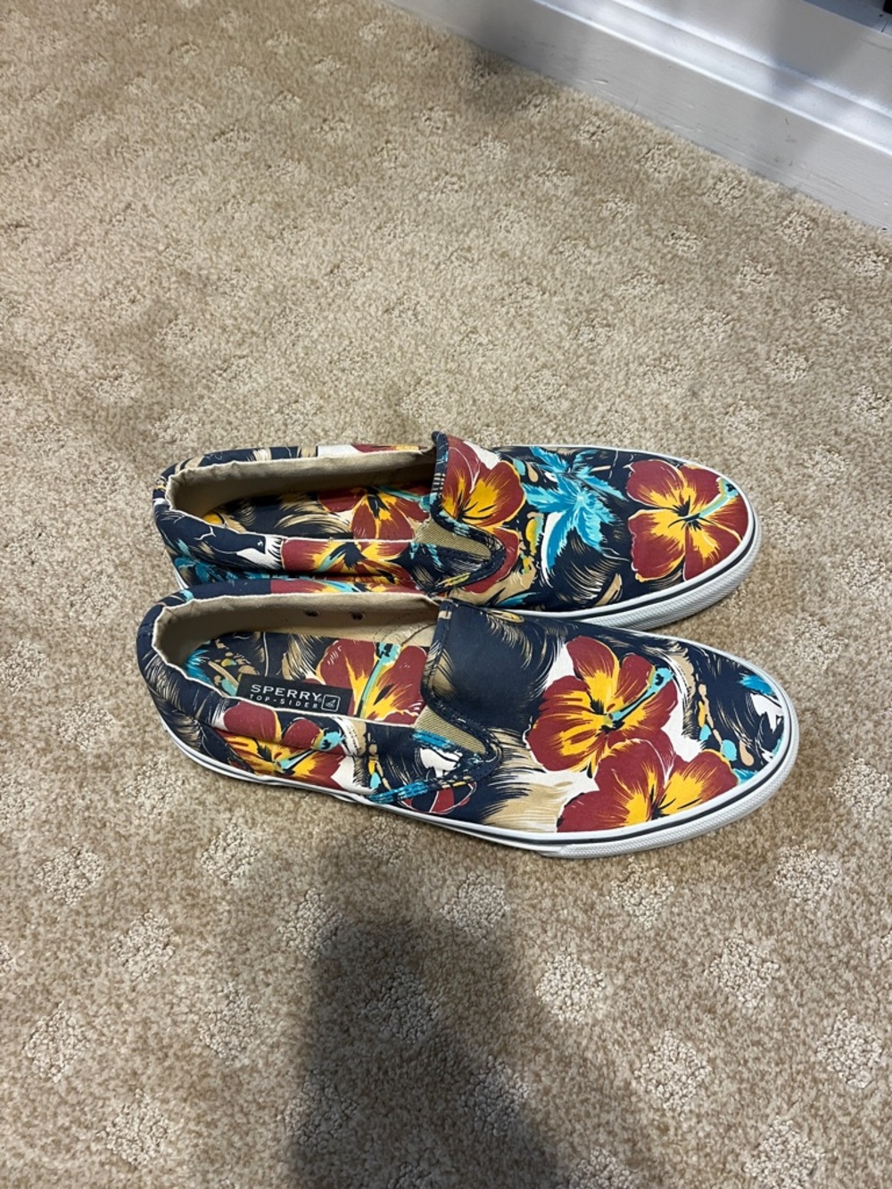 Sperry Navy Slip-On Sneakers with Red & Yellow Floral Print - worn only twice